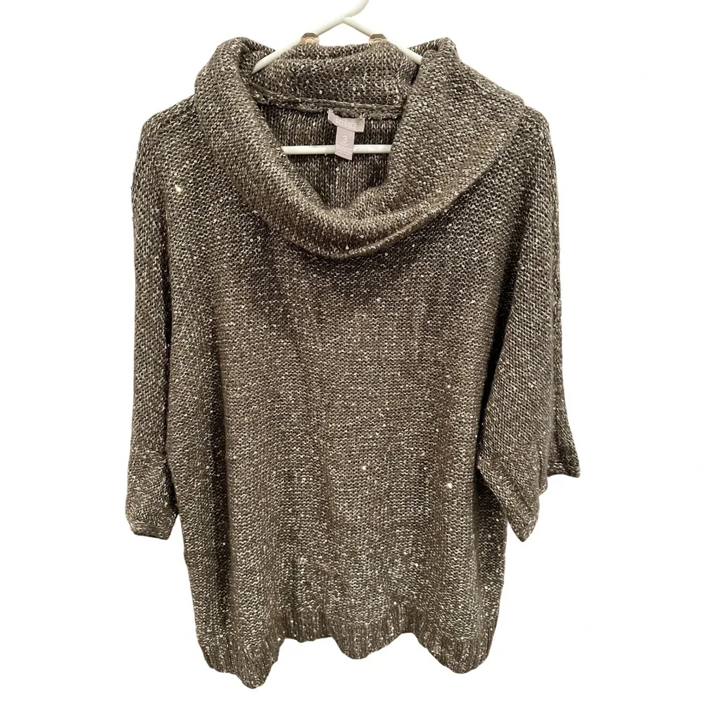 Chico's Cowl Neck Sweater Sparkle Sequins Knit Brown Women Size XL 3
